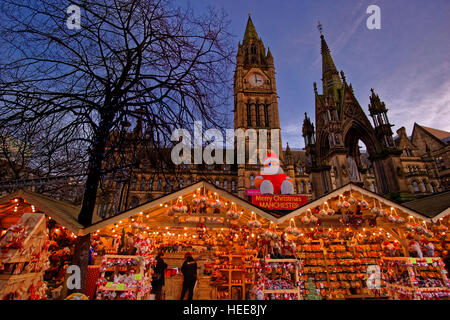 Manchester Christmas Market and Town Hall at Albert Square, Manchester Town Centre, Greater Manchester. England. UK Stock Photo