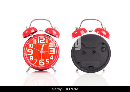 Close up red alarm clock isolated on white background Stock Photo