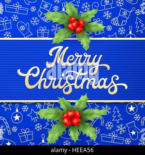 Gold Xmas lettering on blue Christmas background with sleighs, trees, balls, gifts. Decoration for seasons greeting cards design with holly berry branches. Font vector illustration. Stock Vector