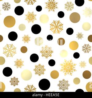 Seamless Christmas pattern. Xmas or New Year wallpaper with black and gold circles, snowflakes on white background. Creative holiday seasonal design. Bright vector illustration. EPS 10 Stock Vector