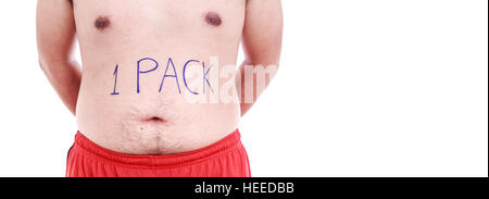 Portrait of fat man wrote 1 PACK on his belly isolated on white background : Fat and Healthy concept Stock Photo