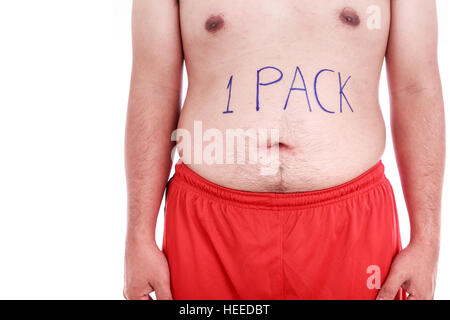 Portrait of fat man wrote 1 PACK on his belly isolated on white background : Fat and Healthy concept Stock Photo