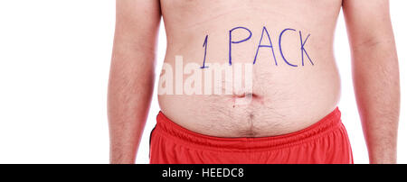 Portrait of fat man wrote 1 PACK on his belly isolated on white background : Fat and Healthy concept Stock Photo