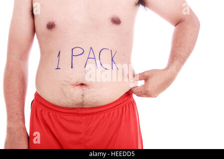 Portrait of fat man wrote 1 PACK on his belly isolated on white background : Fat and Healthy concept Stock Photo