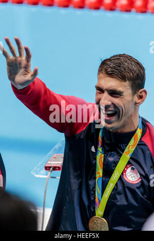 Rio de Janeiro, Brazil. 7 August 2016.  Team USA-gold medal winner  Michael Phelps, in the Men's 4 x 100m Freestyle Relay final at the 2016 Olympic Su Stock Photo