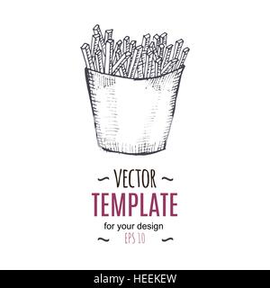 Vector vintage French fries drawing. Hand drawn monochrome fast food illustration. Stock Vector