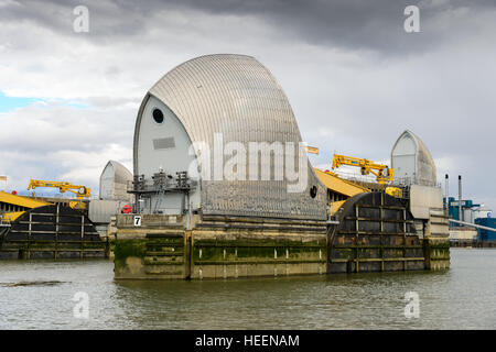 One of the rotating gates of the Thames Flood Barrier that spans the River Thames in London. Stock Photo