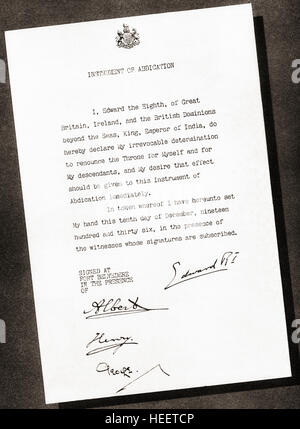 Instrument of Abdication signed in 1936 by King Edward VIII and his three brothers, Prince Albert future George VI, Prince Henry, Duke of Gloucester and Prince George, Duke of Kent. Stock Photo