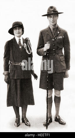 The Duke and Duchess of York ready to attend a rally of Boy Scouts and Girl Guides.  Prince Albert, future King George VI, 1895 – 1952.  King of the United Kingdom and the Dominions of the British Commonwealth. Elizabeth Angela Marguerite Bowes-Lyon, future Queen Elizabeth, 1900 –2002. Stock Photo