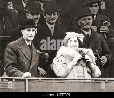 King George VI and Queen Elizabeth seen here in the Royal Box at Aintree racecourse for the 1937 Grand National.  Prince Albert, future King George VI, 1895 – 1952.  King of the United Kingdom and the Dominions of the British Commonwealth. Elizabeth Angela Marguerite Bowes-Lyon,1900 –2002. Queen Elizabeth. Stock Photo