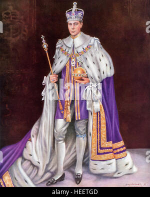 George VI, 1895 – 1952.  King of the United Kingdom and the Dominions of the British Commonwealth. Seen here on the day of his coronation in 1936 wearing the Coronation robes and the crown and holding the Orb and Sceptre. Stock Photo