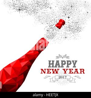 Happy New Year 2017 fancy red champagne bottle in hipster triangle low poly style. Ideal for greeting card or elegant holiday party invitation. EPS10 Stock Vector