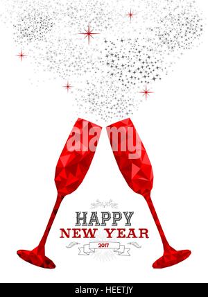 Happy New Year fancy red party drinking glass in hipster triangle low poly style. Ideal for greeting card or elegant holiday party invitation. EPS10 Stock Vector