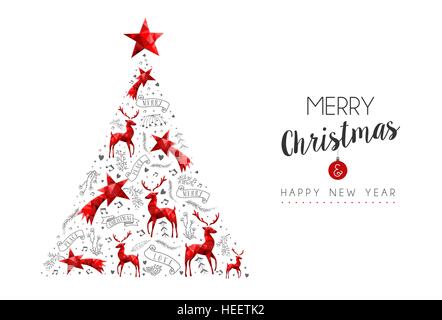 Merry Christmas Happy New Year red vintage decoration. Pine tree design with holiday and reindeer ornaments. EPS10 vector. Stock Vector