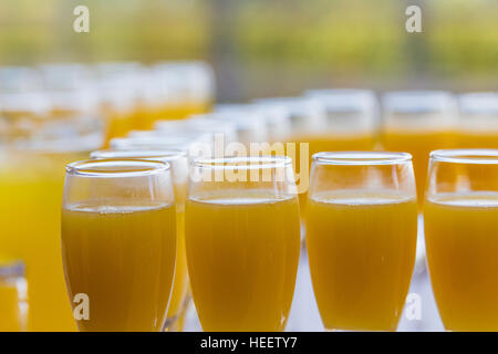 Rows of champagne glasses filled with orange juice / bucks fizz at wedding reception Stock Photo