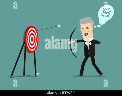 Cartoon businessman with bow and many targets. Conceptual illustration on green background. Stock Vector