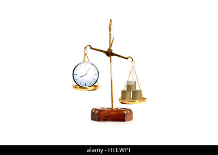 Time is money concept with time symbol and coins in a brass balance Stock Photo