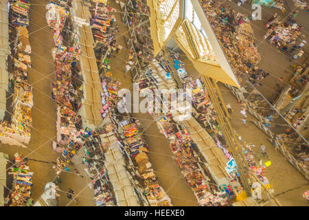 The historic Els Encants Flea Market in Barcelona, Spain with a permanent building and a gleaming mirrored roof 25 meters above. Stock Photo