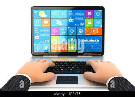 3d businessman working on laptop, illustration with isolated white background Stock Photo