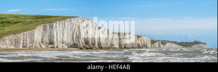 Panorama of the Seven Sister Cliff Formation near Eastbourne, East Sussex, South England Stock Photo