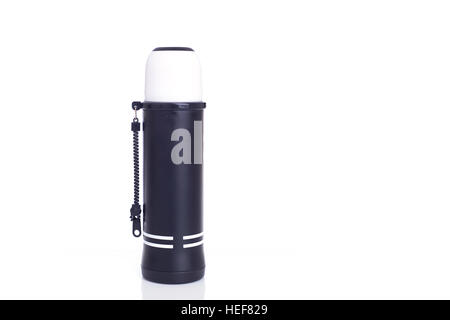 Close up new black thermos flask isolated on white background Stock Photo