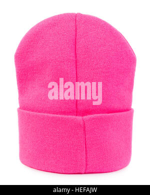 Warm pink knitted hat isolated on white background Stock Photo