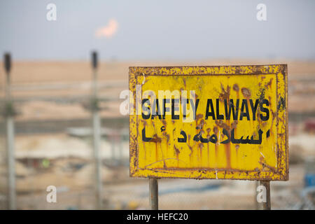 "Safety Always" sign in English / Arabic at Zarqa waste water treatment plant. Stock Photo