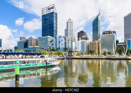 Transperth ferry approaching Elizabeth Quay and skyscrapers of Perth CBD, Perth, Western Australia, Australia Stock Photo