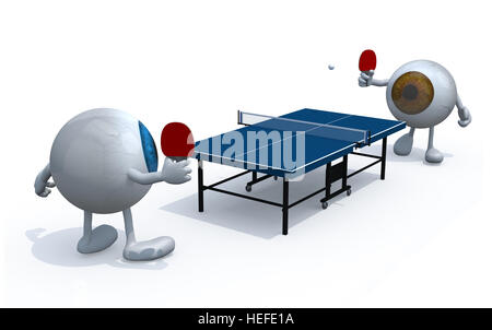 two eyeballs with arms and legs that playing to table tennis, 3d illustration Stock Photo
