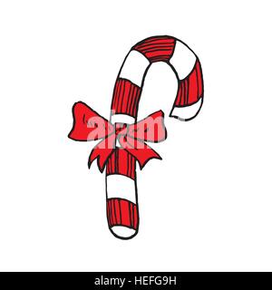 Christmas candy cane with ribbon, hand drawn doodle, sketch in pop art style, vector Stock Vector