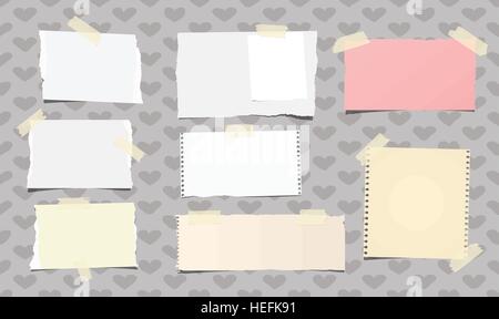 Ripped white and colorful notebook, note paper stuck with beige sticky tape on pattern created of heart shapes Stock Vector
