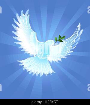 white, artistically painted, the dove of peace with an olive branch, on blue radiant background. Stock Vector