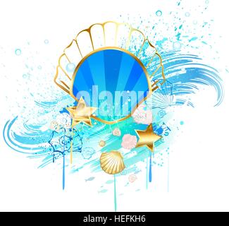 precious, jewelry, blue seashell on the background of the sea wave Stock Vector