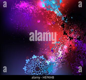 bright purple background holi shaded spray paint and turquoise mandala. Stock Vector
