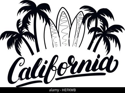 California hand written lettering with palms and surfboards. Surf poster, tee print. Isolated on white background. Vector iilustration. Stock Vector