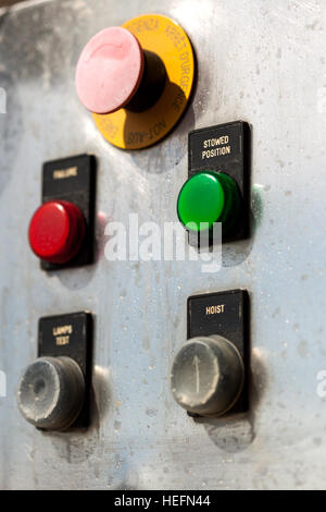 Control buttons on Cruise ship. Used for stowing lifeboats on board ship Stock Photo