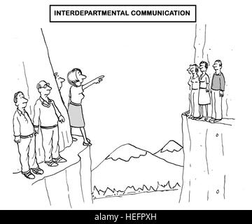 Black and white business illustration showing two groups of businesspeople on different cliffs not communicating. Stock Photo