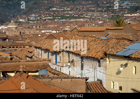 Old town of Cuzco where tile roofs dominate. Cuzco. Situated in the Peruvian Andes, Cuzco developed, under the Inca ruler Pachacutec, into a complex u Stock Photo