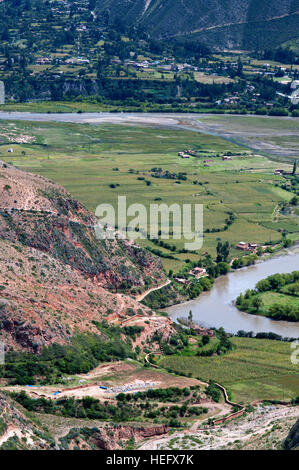 General view of the Sacred Valley near Cuzco from the salt mines of Maras. The Sacred Valley of the Incas or the Urubamba Valley is a valley in the An Stock Photo