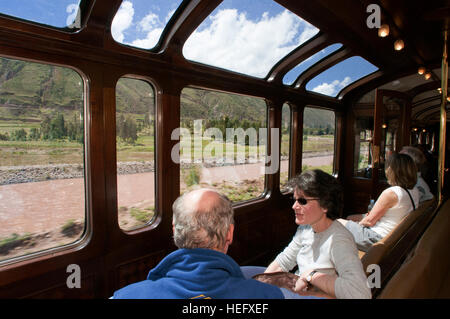 Andean Explorer, luxury train from Cusco to Puno. Observation car at the Andean Explorer train Orient Express which runs between Cuzco and Puno. "Betw Stock Photo