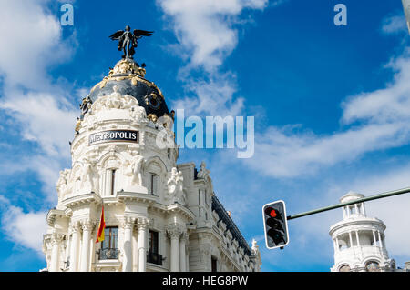 Madrid, Spain - September 14, 2016: Metropolis building in Gran Via in Madrid. It is an ornate and upscale shopping street located in central Madrid. Stock Photo