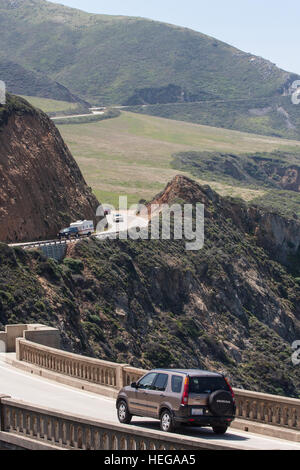 car,cars,on,winding,slow,scenic,road,At, Bixby, Bridge, on, National Highway 1,Pacific Coast Highway,PCH, California,U.S.A.,United States of America, Stock Photo