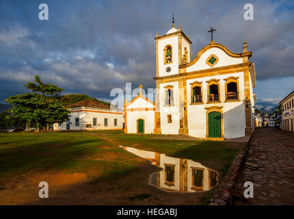 Brazil, State of Rio de Janeiro, Paraty, View of the Santa Rita Church at sunrise. Stock Photo