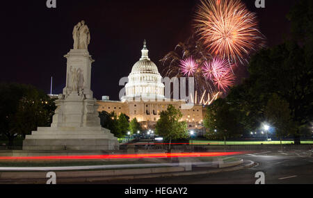Fireworks rising over Capitol Hill and the peace monument Stock Photo