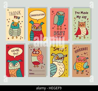 Greeting card owls and signs set. Stock Vector