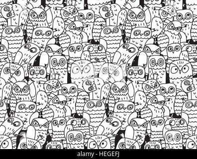 Owls birds group black and white seamless pattern. Stock Vector