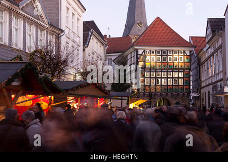 Germany, Hattingen, the old town hall in the old part of the town during Christmas time. Stock Photo