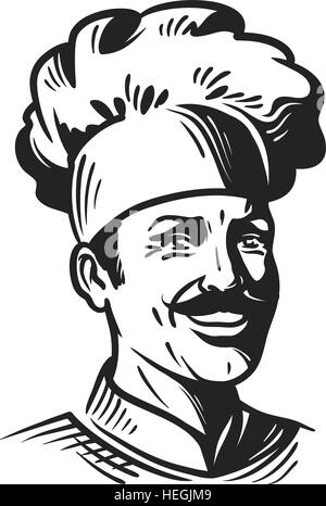 Portrait happy chef in hat and mustache. Smiling cook man. Vector illustration Stock Vector