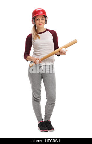 Proud Sportive Caucasian Female Baseball Player Athlete Holding Bat Behind  Shoulders Wearing Sport Outfit And Red Cap Against Pure White Background.  Vertical Image Stock Photo, Picture and Royalty Free Image. Image 186756946.