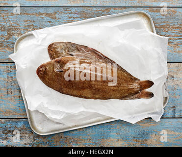 Slip sole 2 fish seafood fillets overhead Stock Photo